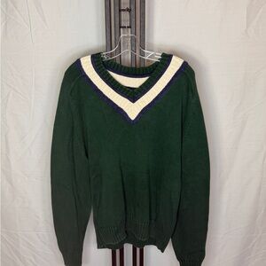 Claiborne Forest Green V-Neck Sweater with Cream and‎ Navy Trim